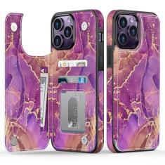 Goodon Capa carteira para iPhone 14 Pro - Capa flip de couro com design floral moderno, 3 compartimentos para cartão e função de suporte, capa protetora elegante para mulheres e meninas - mármore roxo
