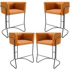 Kit 4 Banquetas Baixa Betina D02 Estrutura Aço Assento Courino Altura 80 cm Whisky Preto Lyam Decor