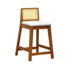 Banqueta Média Gabi Madeira Maciça Encosto Telinha Natural Assento Estofado Corano Amêndoa- Bege