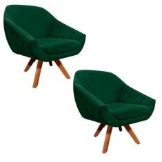 Kit 02 Poltronas Giratória Giovana Suede Base Madeira Verde - D'ROSSI