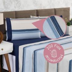 Jogo de Lençol Queen 04 Peças Urbe 200 Fios Floral Casa Dona, Azul e B