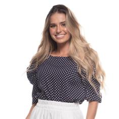Blusa Viscose Poá Romântica com Manga Bufante Estilo Vintage-Feminino