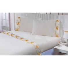 Jogo Lençol Casal Queen (1,98mx1,58mx35cm) 4 Peças 200 Fios 100% Algodão Barrado Bordado Tulipa Dourada