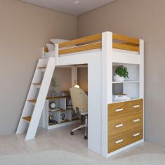 Cama Office Adulto Multifuncional com 6 Gavetas e Escrivaninha Micenas Yescasa Branco /Freijó