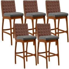 Kit 05 Banquetas Altas Mila Marrom Linho Cinza Escuro