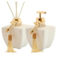KIt Vidros Lavabo Branco Luxo C/ Enfeite Difusor e Sabonete 280ml - Se