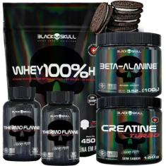 Kit Black Skull: Whey 100% hd Refil 900g + 2x Cafeína Thermo Flame 60 