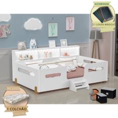 Cama Juvenil Mary com Escada Led e Nicho Colchão Branco/Caramelo Acompanha Lousa Mágica