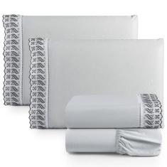 Jogo Lençol Queen Suave Barrado Lese 4 Peças Barato - Cinza - Casa Sho