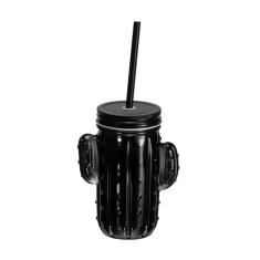 Copo De Vidro Com Tampa e Canudo Cactos Preto 400 Ml