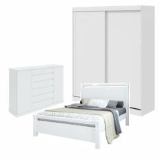 Quarto com Guarda-roupa Casal 2 Portas 2 Gavetas, Cômoda 2 Portas 7 Gavetas e Cama Reali Branco