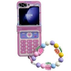 GO-VOLMON Linda capa criativa para Samsung Galaxy Z Flip 6 com alça de contas Kawaii, capa protetora de dobradiça estampa retrô PC rígido, capa moderna para meninas Z Flip 6 - Rosa
