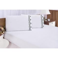 Jogo lençol quarto casal Padrão bordado 3 pç branco Petróleo - Shoppin