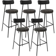 Kit 05 Banquetas Alta Bar Cozinha Sala De Jantar Milão L02 Couríssimo Preto Linho Chumbo