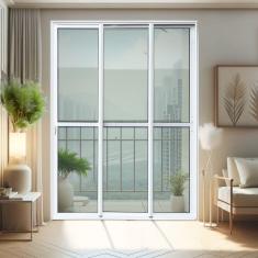 Porta De Correr 3 Folhas Moveis Sequenciais 210 X 120 Elite Com Fechadura Tetra Vidro Liso Branco