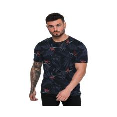 Camiseta Masculina Azul Marinho Folhas de Verão-Masculino