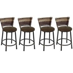 Kit 4 Banquetas Baixas Preta com Encosto Junco Capuccino Assento Marro