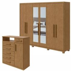 Conjunto de Guarda-Roupa 6 portas com espelho e pés Áries e Cômoda Da Vinci  com Nicho Amêndoa Clean
