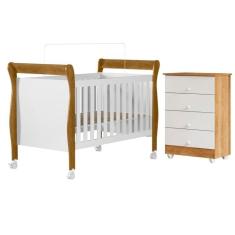Quarto de Bebê com Berço Mini Cama 100% Mdf Slim e Cômoda de Bebê 100% Mdf 4 Gavetas Soft Life Branco/Madeirado Ypê
