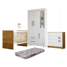 Quarto de Bebê com Berço com Colchão, Cômoda 1 Porta 4 Gavetas e Roupeiro Flocos 3 Portas 2 Gavetas Branco/Madeirado Ypê