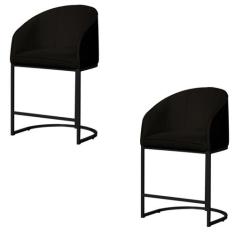 Kit 02 Banco Banqueta Poltrona Mia Base Metal Preta Veludo - Fina Mobí