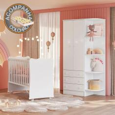 Quarto de Bebê Doce Sonho com Roupeiro 825 e Berço Simples 1 c/ Rodízios Qmovi Branco + Colchão Gazin