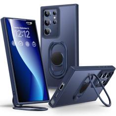 Shields Up Capa para Samsung Galaxy S24 Ultra com suporte, capa para Galaxy S24 Ultra com suporte de anel duplo [ajustável e dobrável] Capa protetora translúcida fosca para Samsung S24 Ultra - azul
