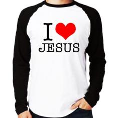 Camiseta Raglan I Love Jesus Manga Longa - Foca na Moda, Branco, Preto