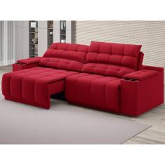Sofá com Porta Copos Carregador USB Ret Rec Samurai 2,30m Velosuede Vermelho - NETSOFAS