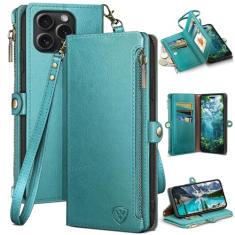 XcaseBar Capa carteira compatível com iPhone 16 Pro de 6,3 polegadas com zíper para cartão de crédito 【bloqueio RFID】, capa flip fólio de couro PU à prova de choque masculina feminina para Apple 16