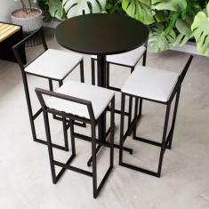 Conjunto Mesa Alta Bar Bistrô Redonda Preta 4 Banquetas Confort Estofa
