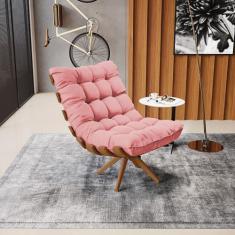 Poltrona Giratória Costela Base Madeira MA30 Suede Rosê D03 - D'Rossi