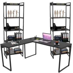 Kit Mesa Para Escritório Em L Com 2 Estantes Preto