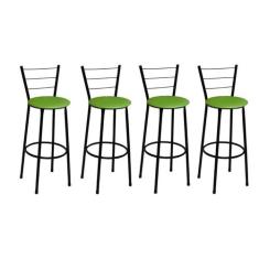 Kit 4 Banquetas Altas Preta com Encosto Assento Verde - Fortmix