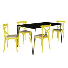 Conjunto De Mesa Elen Retangular Tampo De Madeira 140X80Cm Preto Com 4 Cadeiras Katrina Amarela