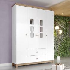 Guarda Roupa Infantil 4 Portas 2 Gavetas Aconchego Henn, Branco/Jequit