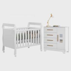 Quarto de Bebê com Berço Mini Cama 3 em 1 Soninho 100% Mdf e Cômoda 4 Gavetas 1 Porta Fly 100%