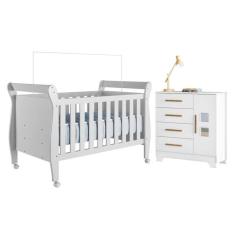 Quarto de Bebê com Berço Mini Cama 100% Mdf Slim e Cômoda 4 Gavetas 1 Porta Fly 100% Mdf Branco