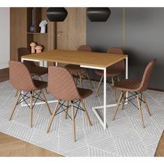 Mesa Industrial Retangular Canela Base V Aço Branco 137x90cm 6 Cadeiras Madeira Estofadas Caramelo