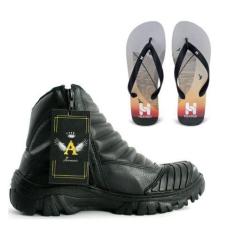 Kit Bota Coturno de Couro e Chinelo Masculino Tenis Preto para Motocic