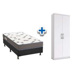 Cama Box Solteiro crc + Colchão D33 Ortobom + Armário Multiuso Margarida Branco