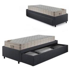 Base Box Cama Solteirão Sapateira Linho Cinza e Colchão Airtech Ortobo