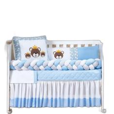 Berço Urso Trançado 12 Pç Saia Box E Mosquiteiro Azul Claro - L2m