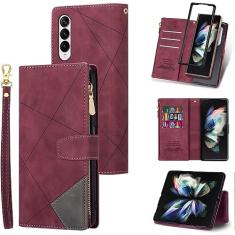 LBYZCASE Capa para Galaxy Z Fold 5 5G 2023 com compartimentos para cartão, flip durável com fecho magnético de couro com zíper e alça de pulso feminina masculina capa para Samsung Galaxy Z Fold 5