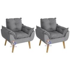 Kit 02 Poltrona/Cadeira Decorativa Glamour Opala Cinza Com Pés Quadrad