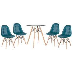 Loft7, Kit Mesa de vidro Eames 70 cm + 4 cadeiras estofadas Eiffel Botonê turquesa