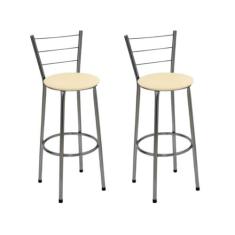 Kit 2 Banquetas Altas Cromada com Encosto Assento Bege - Jaddi