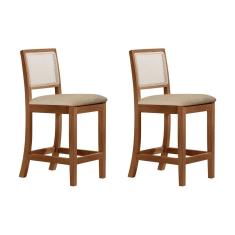 Kit 2 Banquetas Altas Luxo em Tela Sextavadas Assento Estofado Veludo Bege Rubi Madeira Maciça Imbui