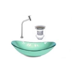 Cuba De Vidro Oval 55Cm Verde + Valvula Click + Torneira