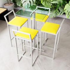 Conjunto Mesa Alta Bar Bistrô Quadrada Vidro 4 Banquetas Confort Estof